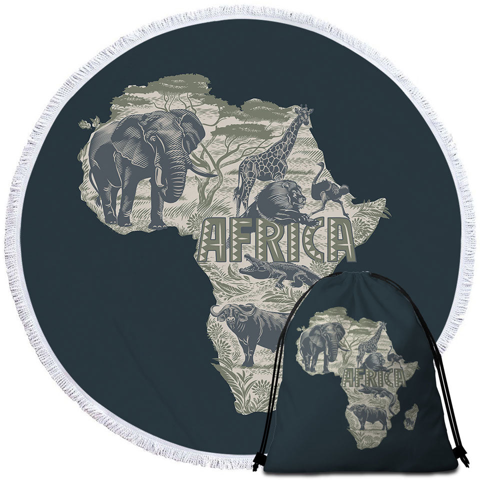 Africa Map and Animals Round Beach Towels