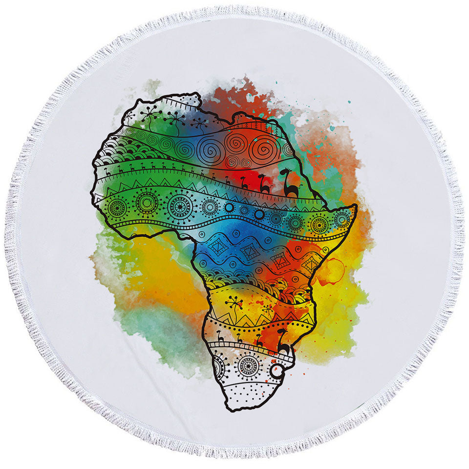 Africa Silhouette Round Beach Towel over Colorful Stain