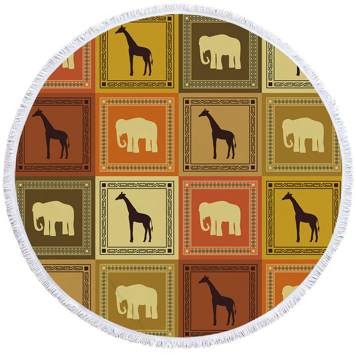 African Elements Elephants and Giraffes Circle Beach Towel