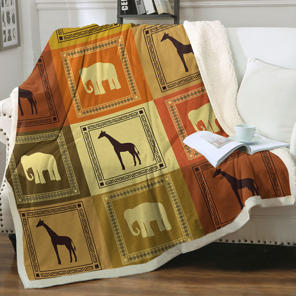 African Fleece Blankets with Elements Elephants and Giraffes