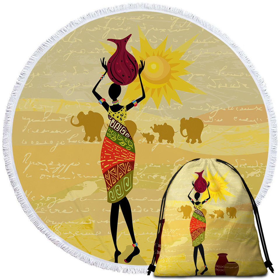 African Lightweight Beach Towel with Woman and an Elephant Parade