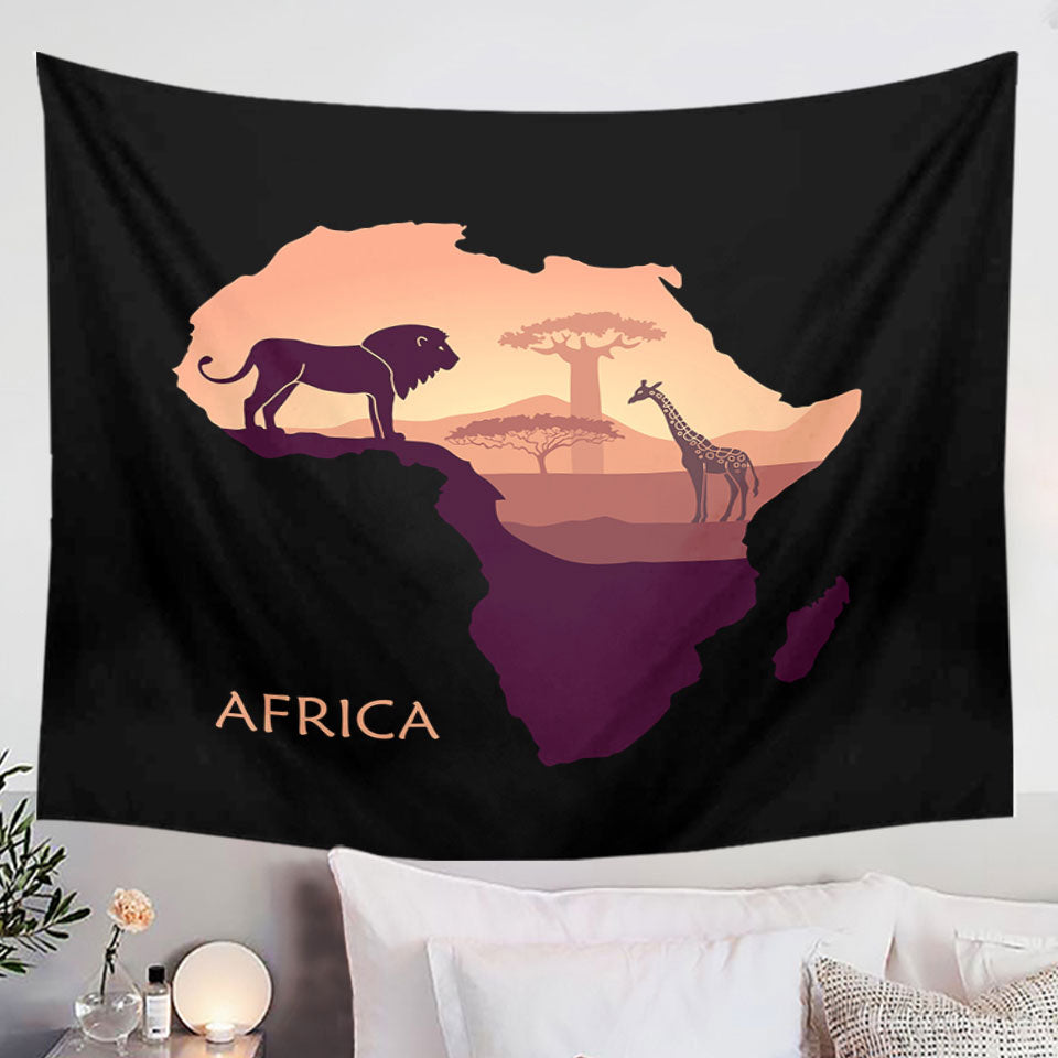 African Lion and Giraffe Wall Decor Tapestry