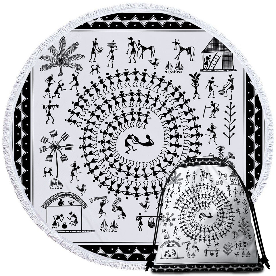African Round Beach Towel Tribe Story White and Black