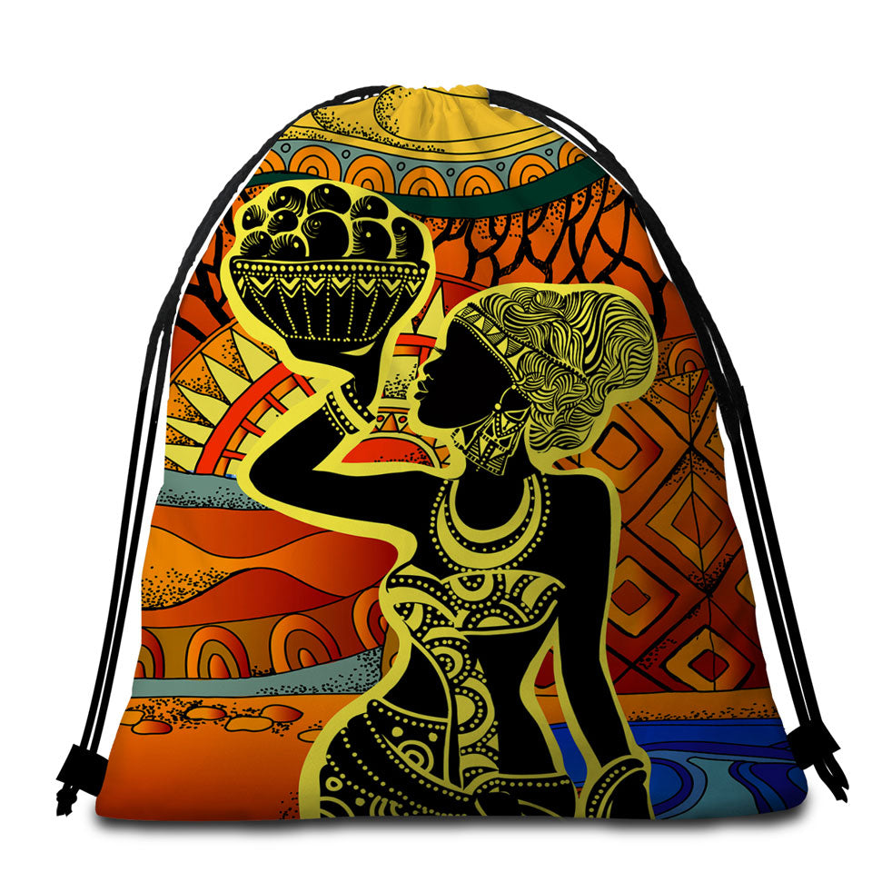African Woman Beach Towel Bags in Black and Yellow