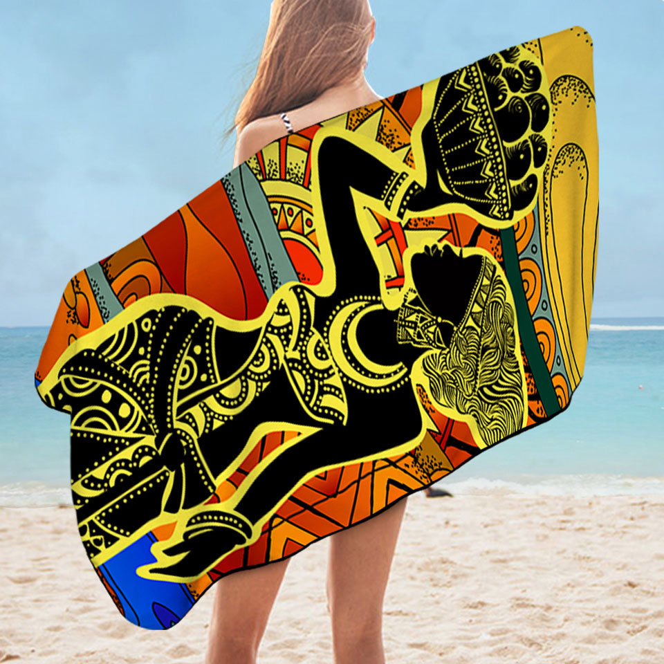 African Woman Beach Towels in Black and Yellow