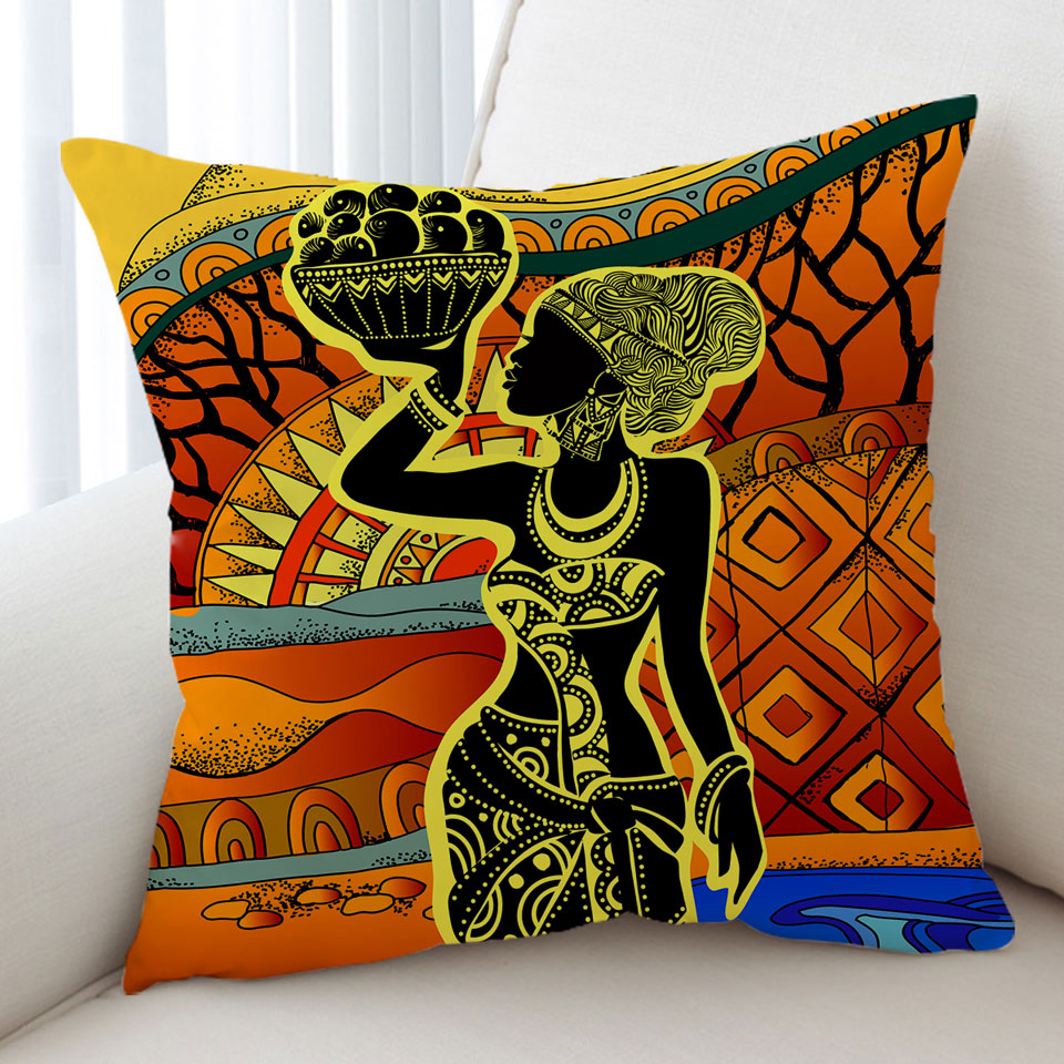African Woman Cushion Cover in Black and Yellow
