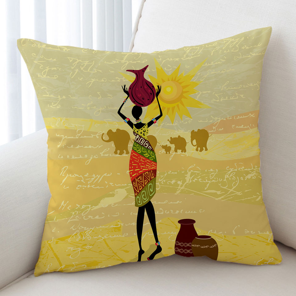 African Woman Cushion Cover with an Elephant Parade