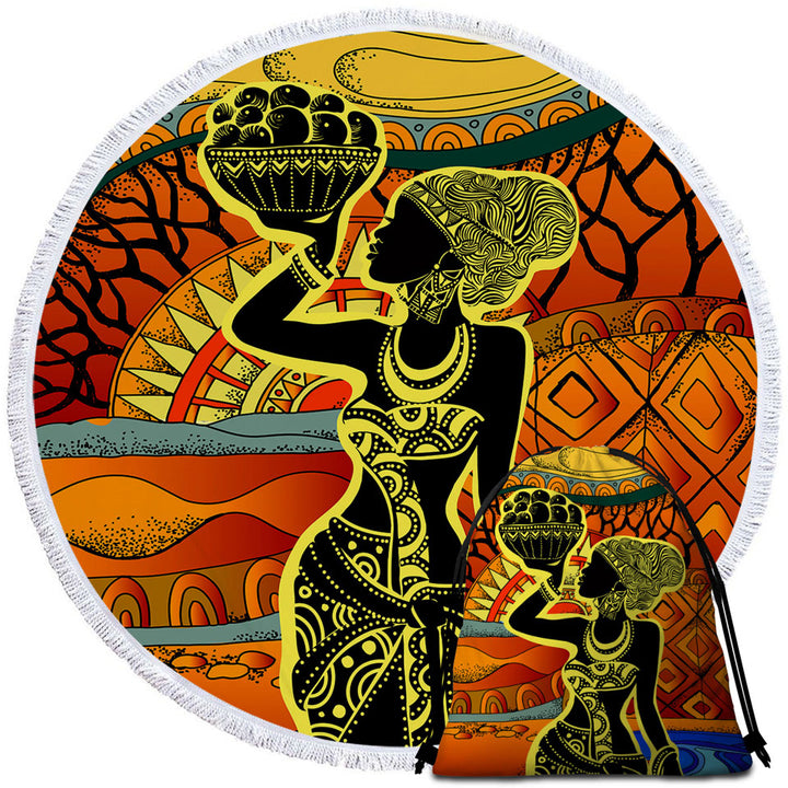 African Woman Round Beach Towel in Black and Yellow