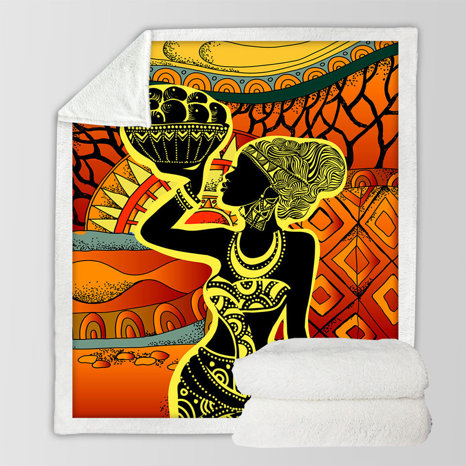 African Woman Throw Blanket in Black and Yellow