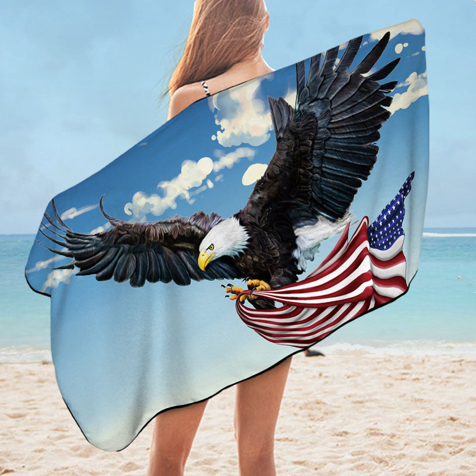 American Eagle Holding a USA Flag Beach Towel