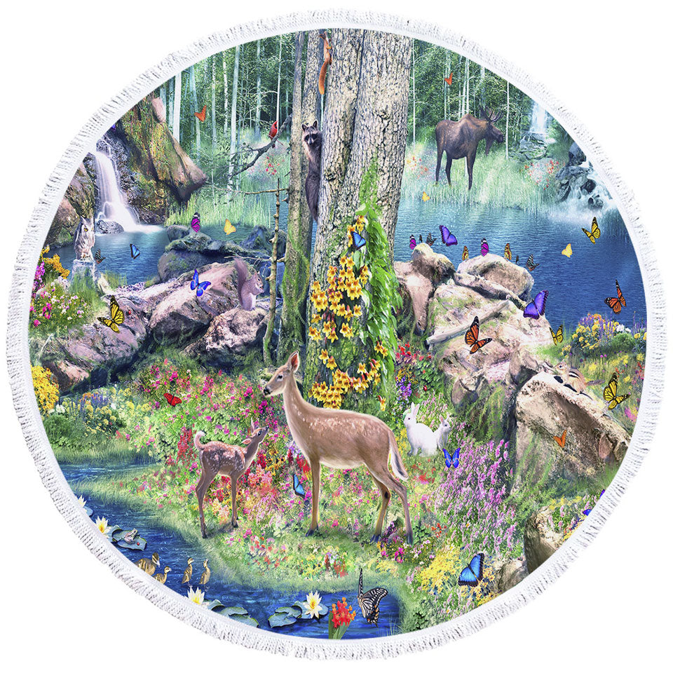 American Forest Animals Round Beach Towel