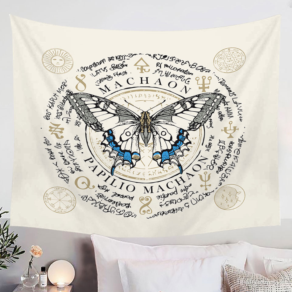 Ancient Symbols Wall Decor Tapestry with Papilio Machaon Butterfly