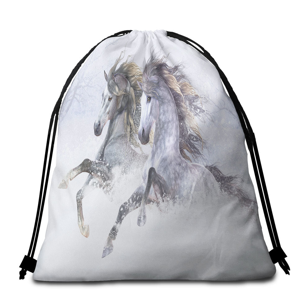 Animal Art Beach Bags and Towels Two Gorgeous Running Horses the Snow Horses