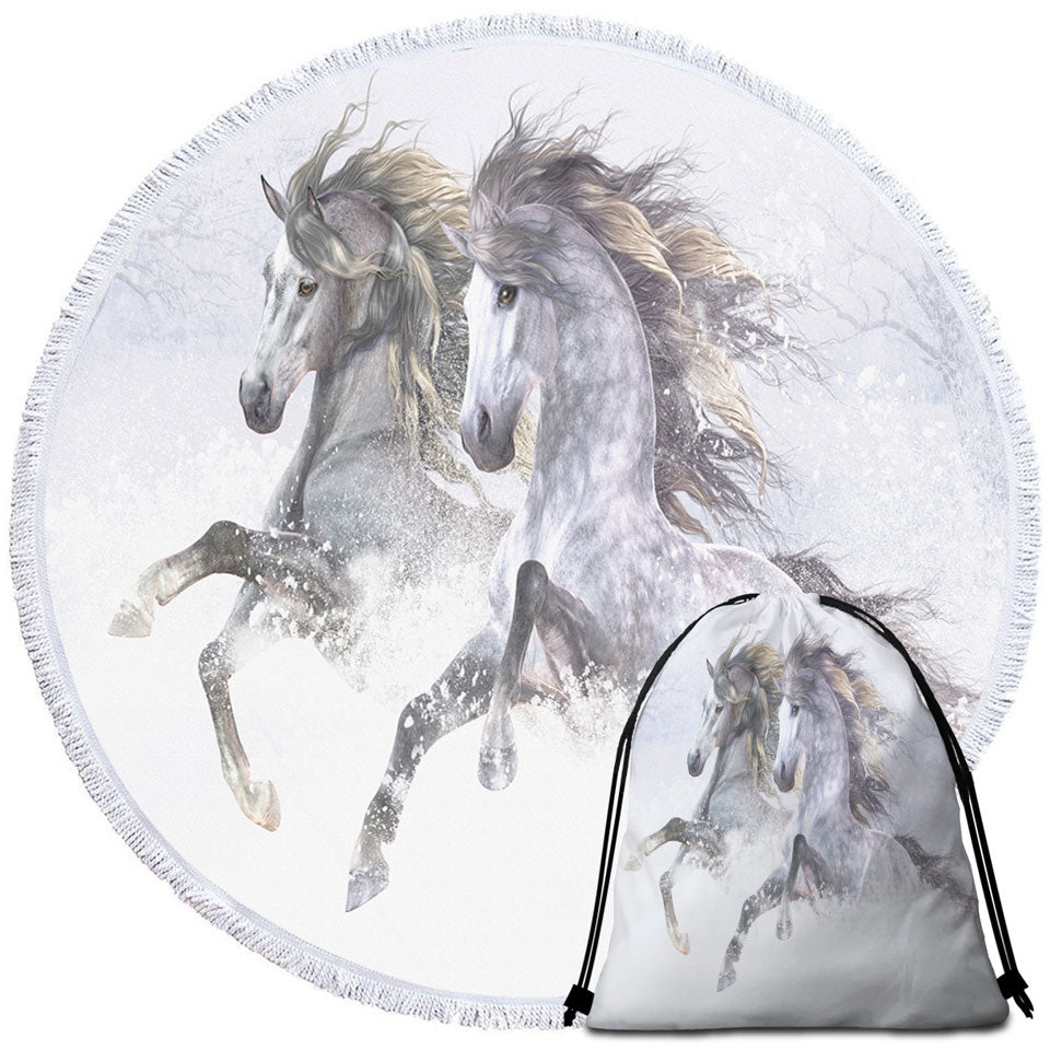 Animal Art Beach Towels Two Gorgeous Running Horses the Snow Horses