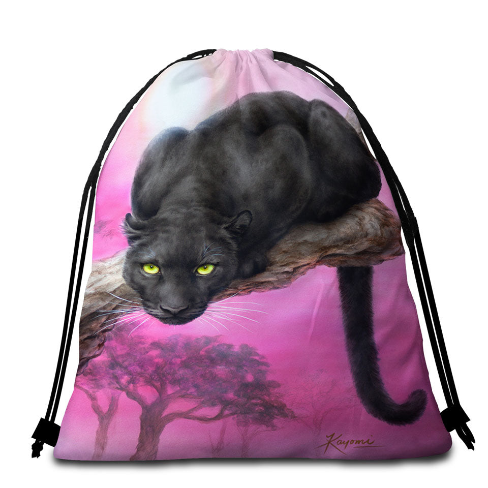 Animal Art Black Panther over Pink Beach Towel Bags