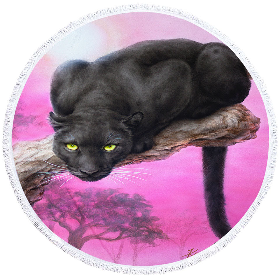 Animal Art Black Panther over Pink Round Towel