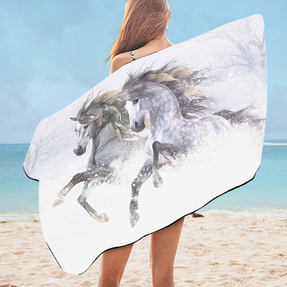 Animal Art Pool Towels Two Gorgeous Running Horses the Snow Horses
