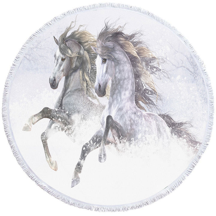 Animal Art Round Beach Towels Two Gorgeous Running Horses the Snow Horses