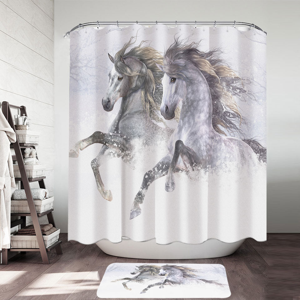 Animal Art Shower Curtain Two Gorgeous Running Horses the Snow Horses