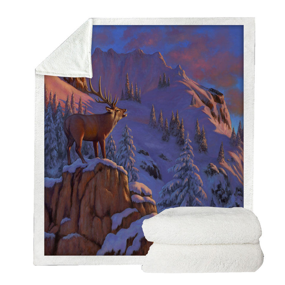 Animal Art Snowy Mountains Elk Fleece Blankets