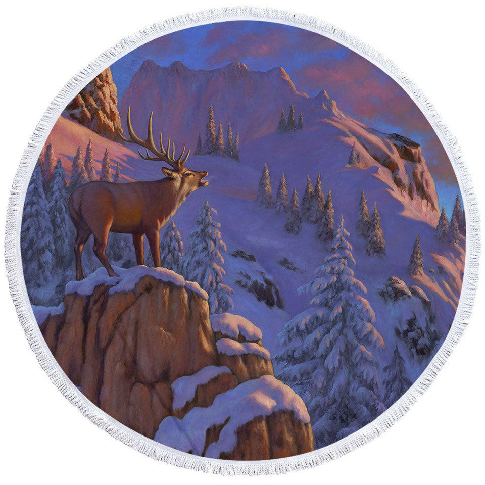 Animal Art Snowy Mountains Elk Round Beach Towel