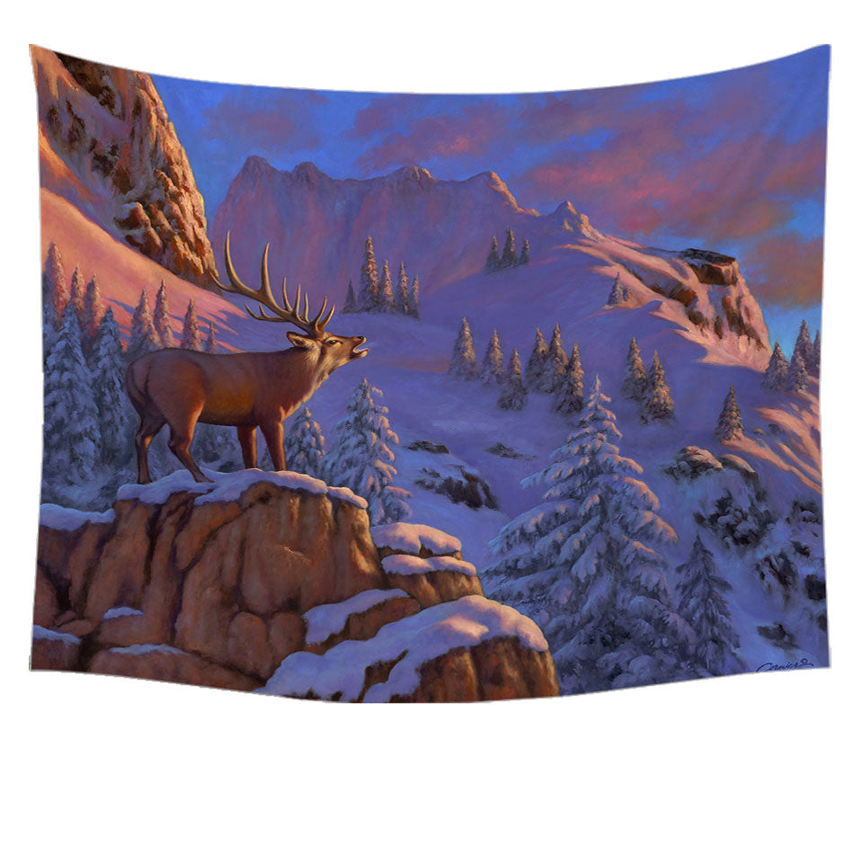 Animal Art Snowy Mountains Elk Tapestry