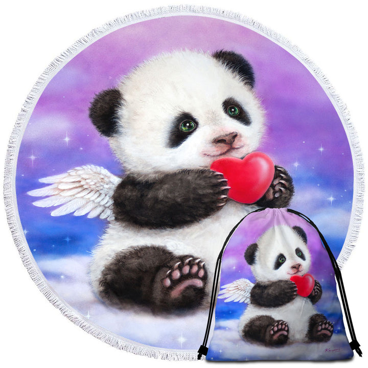 Animal Drawing Cute Panda Heart Angel Big Beach Towels