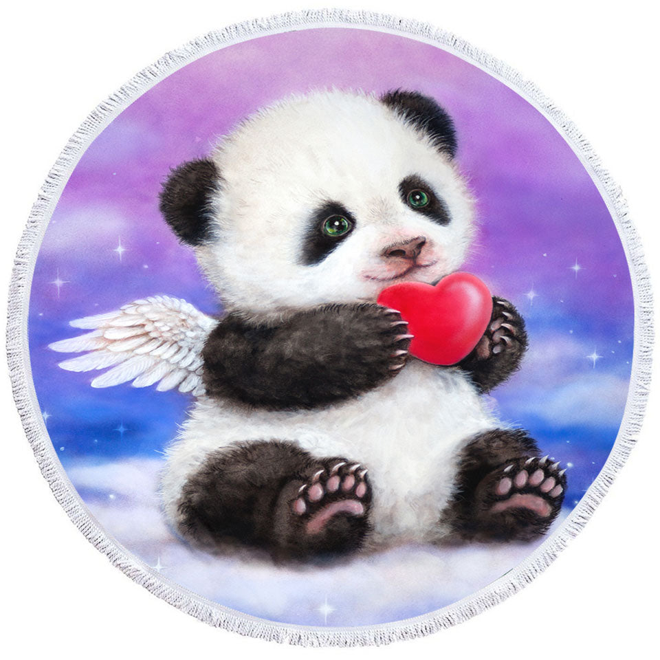 Animal Drawing Cute Panda Heart Angel Round Beach Towel