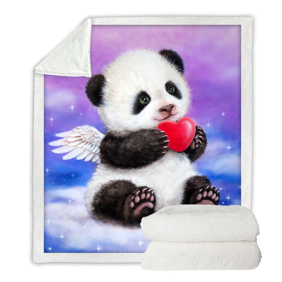 Animal Drawing Cute Panda Heart Angel Sherpa Blanket