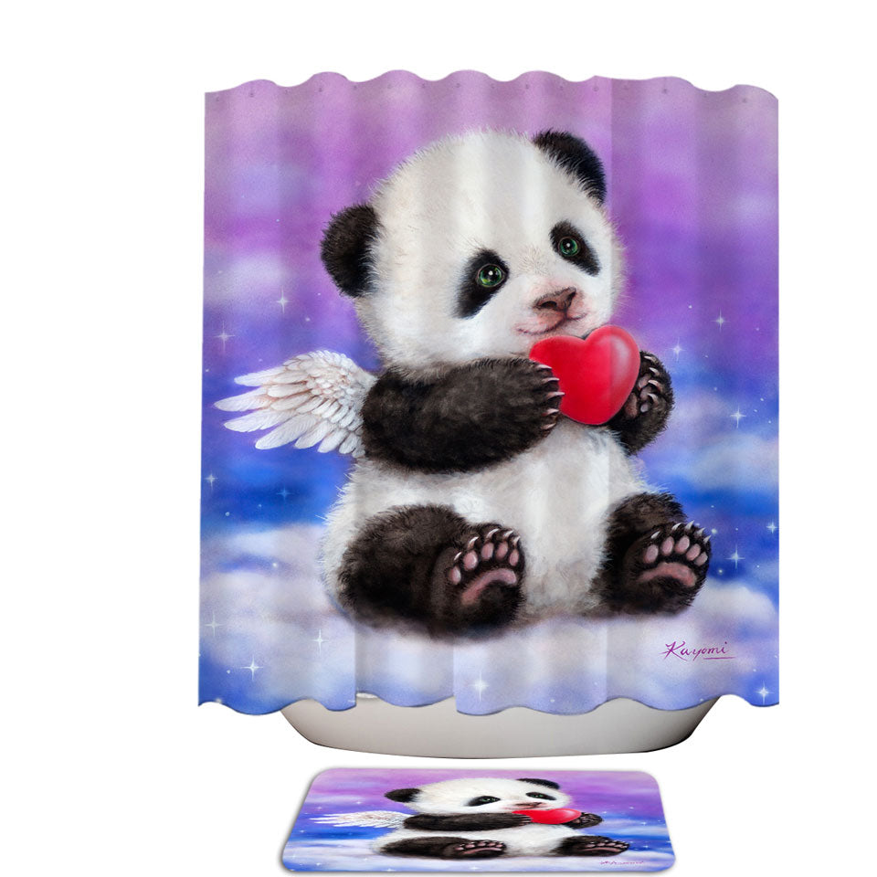 Animal Drawing Cute Panda Heart Angel Shower Curtains
