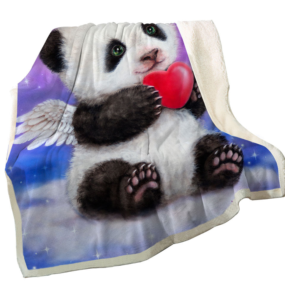 Animal Drawing Cute Panda Heart Angel Throw Blanket