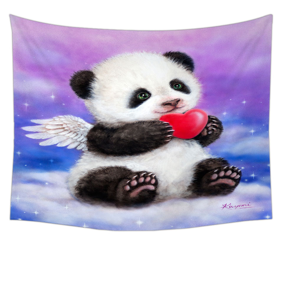 Animal Drawing Cute Panda Heart Angel Wall Tapestry