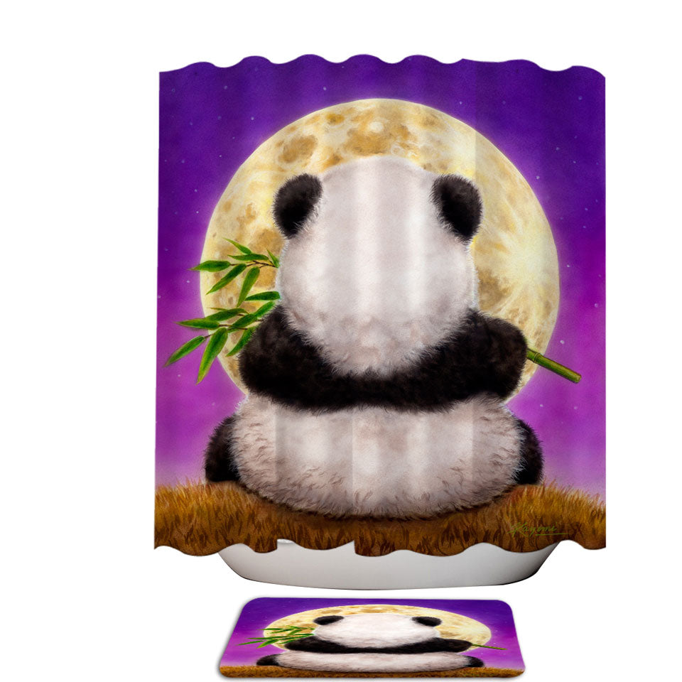 Animal Drawing Moon Panda Fabric Shower Curtains