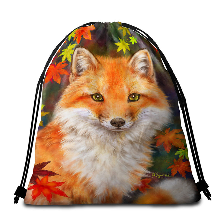 Animal Paintings Fox with Autumn Leaves Beach Towel Bags