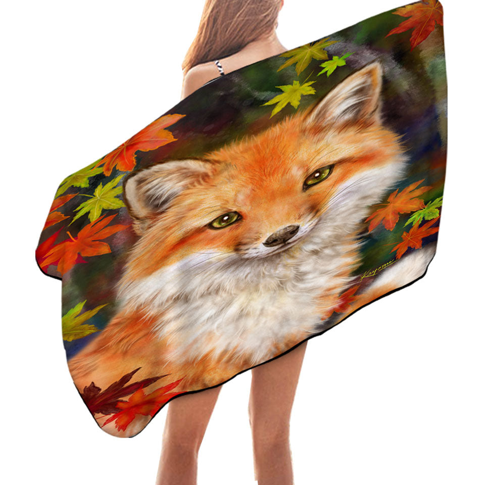 Animal Paintings Fox with Autumn Leaves Beach Towels