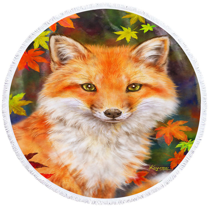 Animal Paintings Fox with Autumn Leaves Big Beach Towels