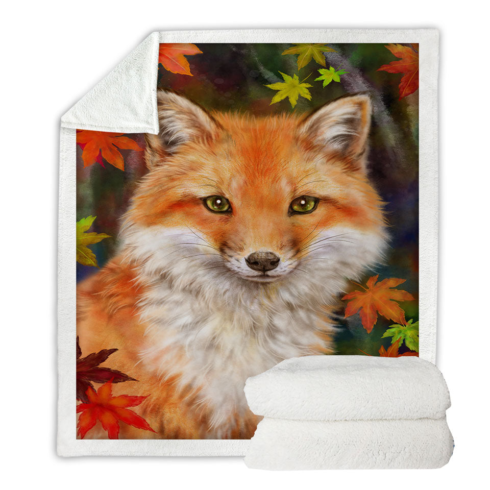 Animal Paintings Fox with Autumn Leaves Couch Throws