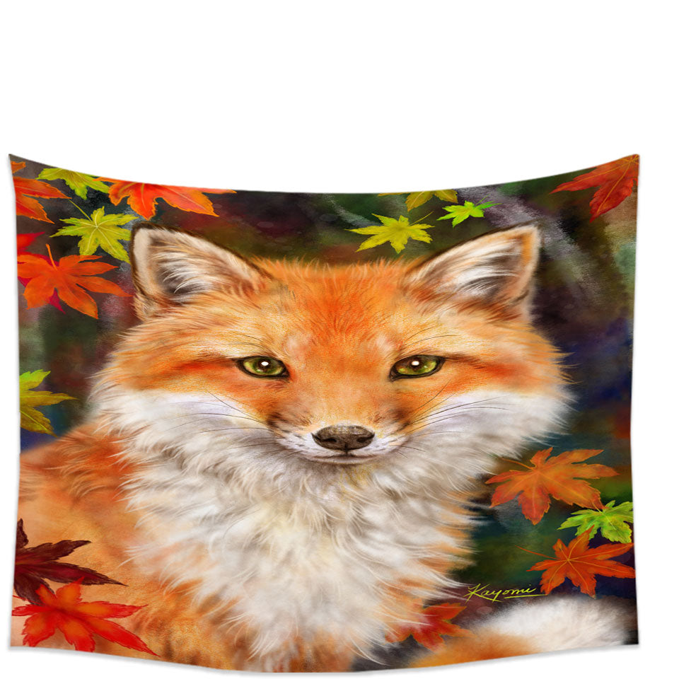 Animal Paintings Fox with Autumn Leaves Tapestry