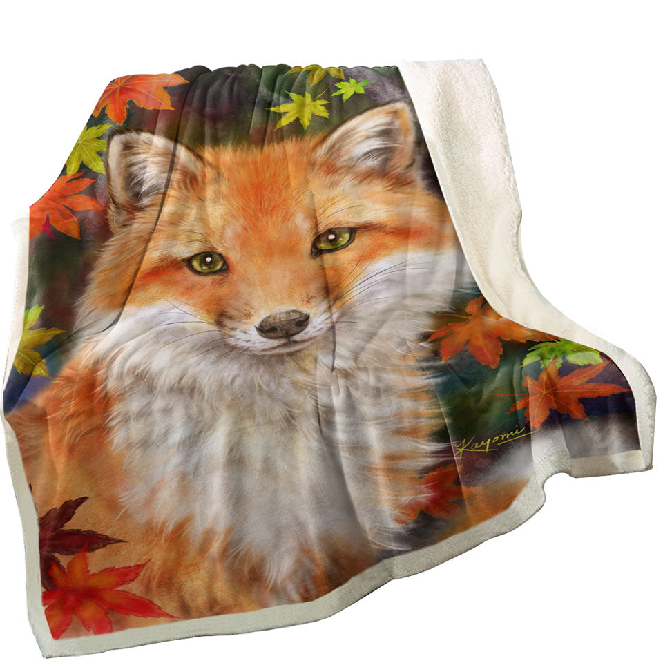 Animal Paintings Fox with Autumn Leaves Throw Blanket