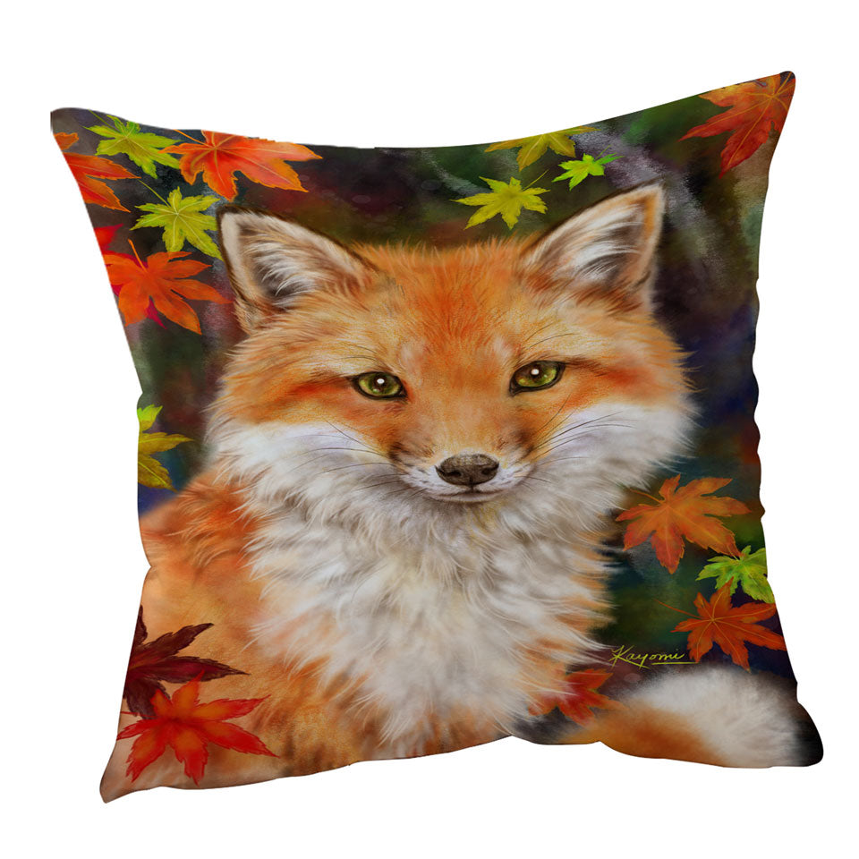 Animal Paintings Fox with Autumn Leaves Throw Pillows