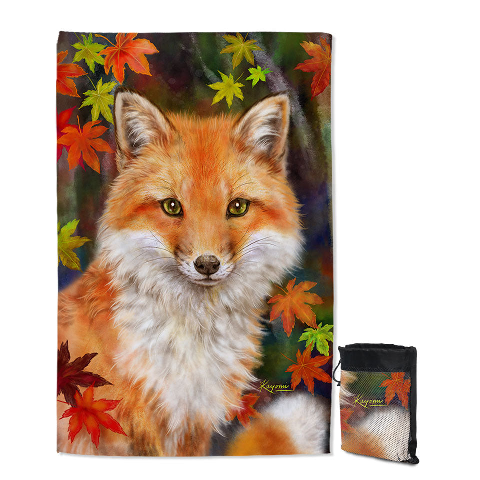 Animal Paintings Fox with Autumn Leaves Travel Beach Towel