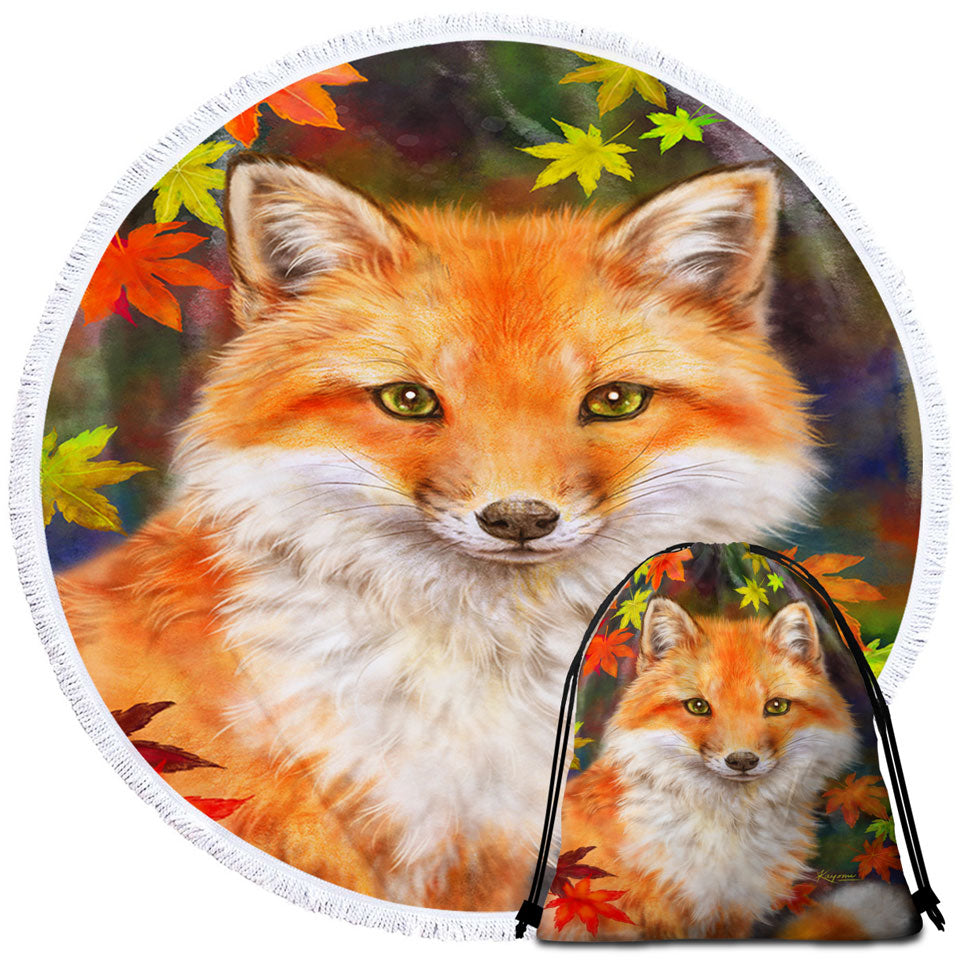 Animal Paintings Fox with Autumn Leaves Unique Beach Towels