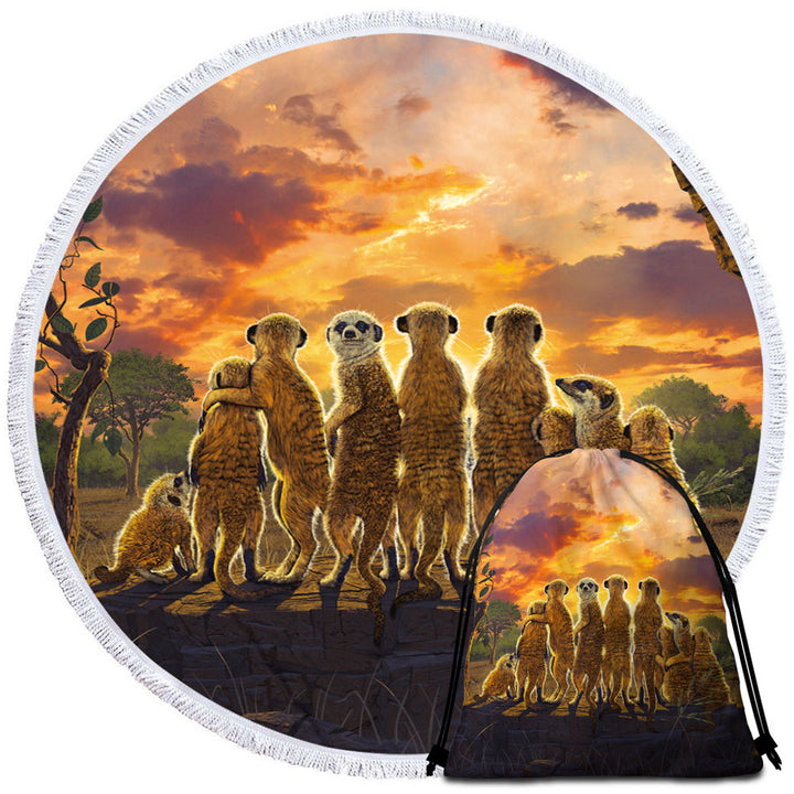 Animals Art Sunset Meerkats Suricate Round Beach Towel