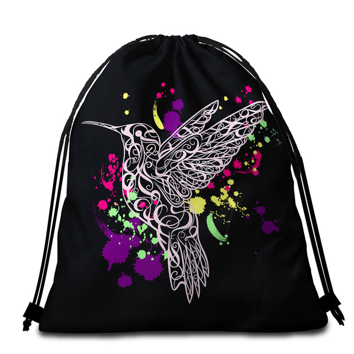 Art Beach Towel Bag with Multi Colored Splashes and Pinkish Hummingbird
