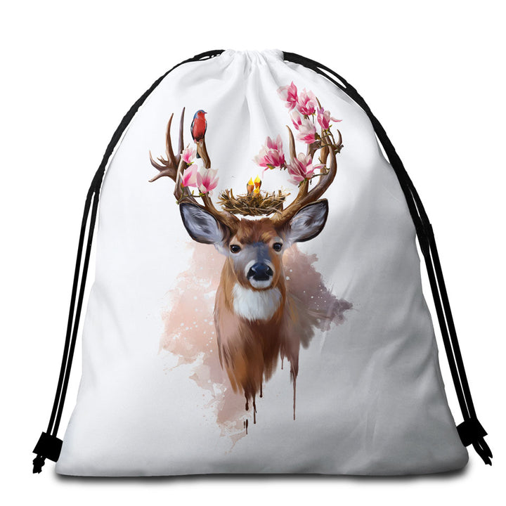 Art Beach Towel Bags Painting Cute Birds Nest on Deer Antlers