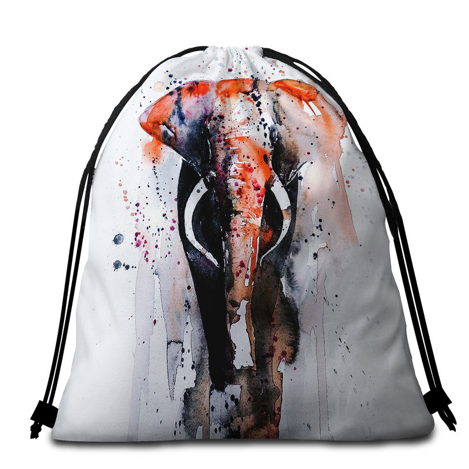 Art Beach Towel Bags Painting Dark Colored Elephant