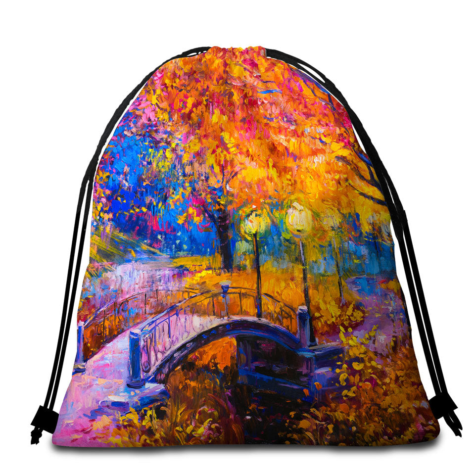Art Beach Towel Bags Wooded Park and Bridge Gorgeous Autumn