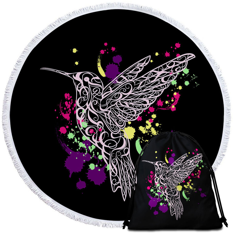 Art Beach Towel with Multi Colored Splashes and Pinkish Hummingbird