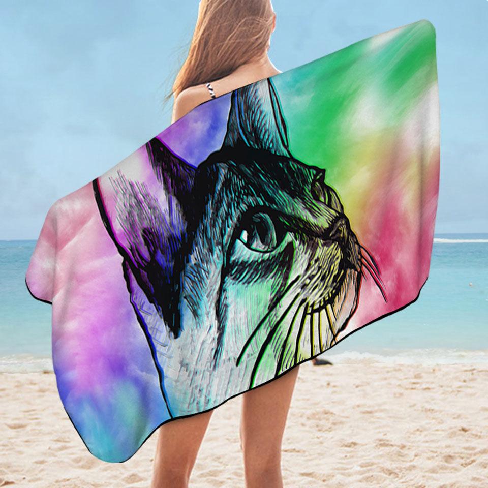 Art Beach Towels Cat Drawing over Colorful Fog
