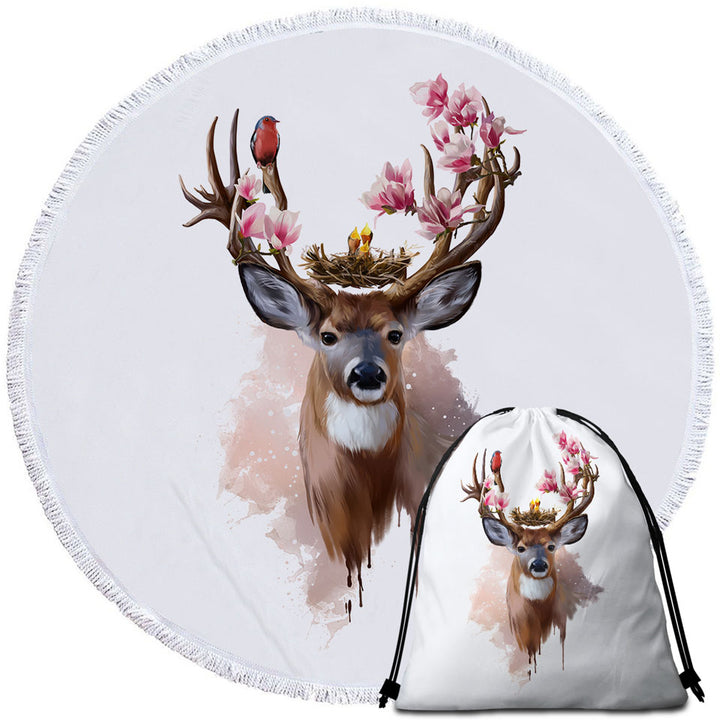 Art Beach Towels Painting Cute Birds Nest on Deer Antlers